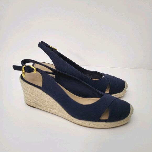 RALPH LAUREN Sandals Womens 7.5 Hadly Navy Blue Wedge Slingback Espadrilles - Picture 1 of 9